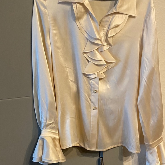 St. John Collection Cream Satin Ruffle Blouse - Picture 2 of 14